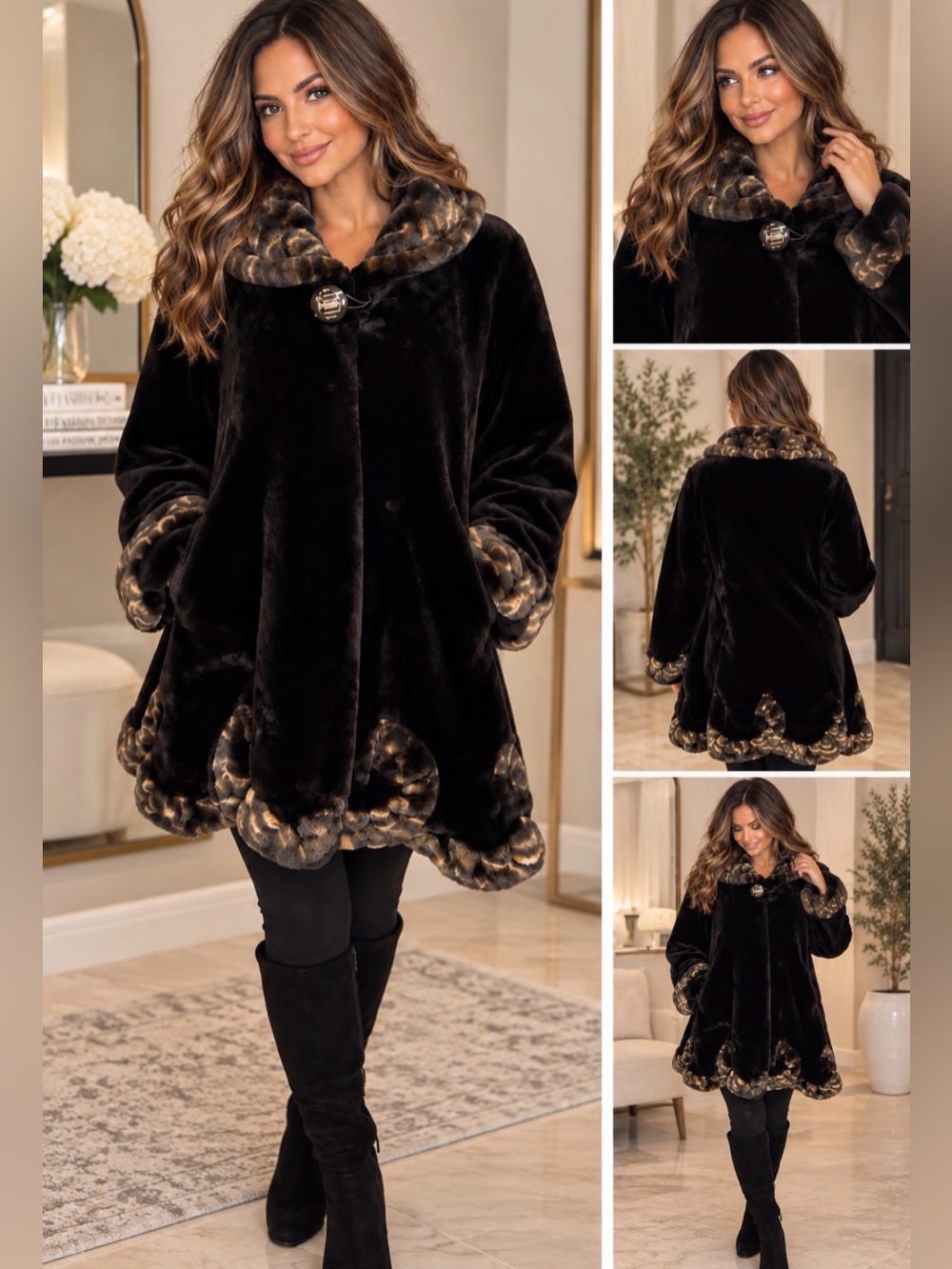 Hua Lun Pi Cao Brown Fur Coat Animal Print Trim Luxury Glam